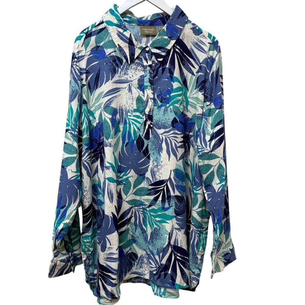 Denim & Co. Naturals Linen Blend Shirt Womens 2X Blue Tropical Print Top